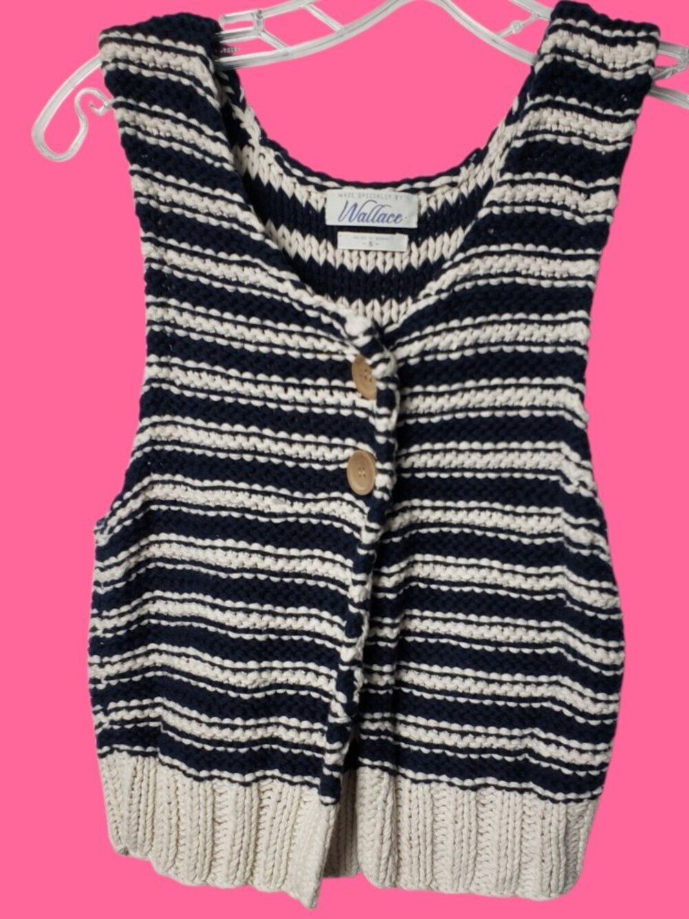 Wallace Vtg Womens Striped Crochet Knit Button Vest Navy & Beige Small